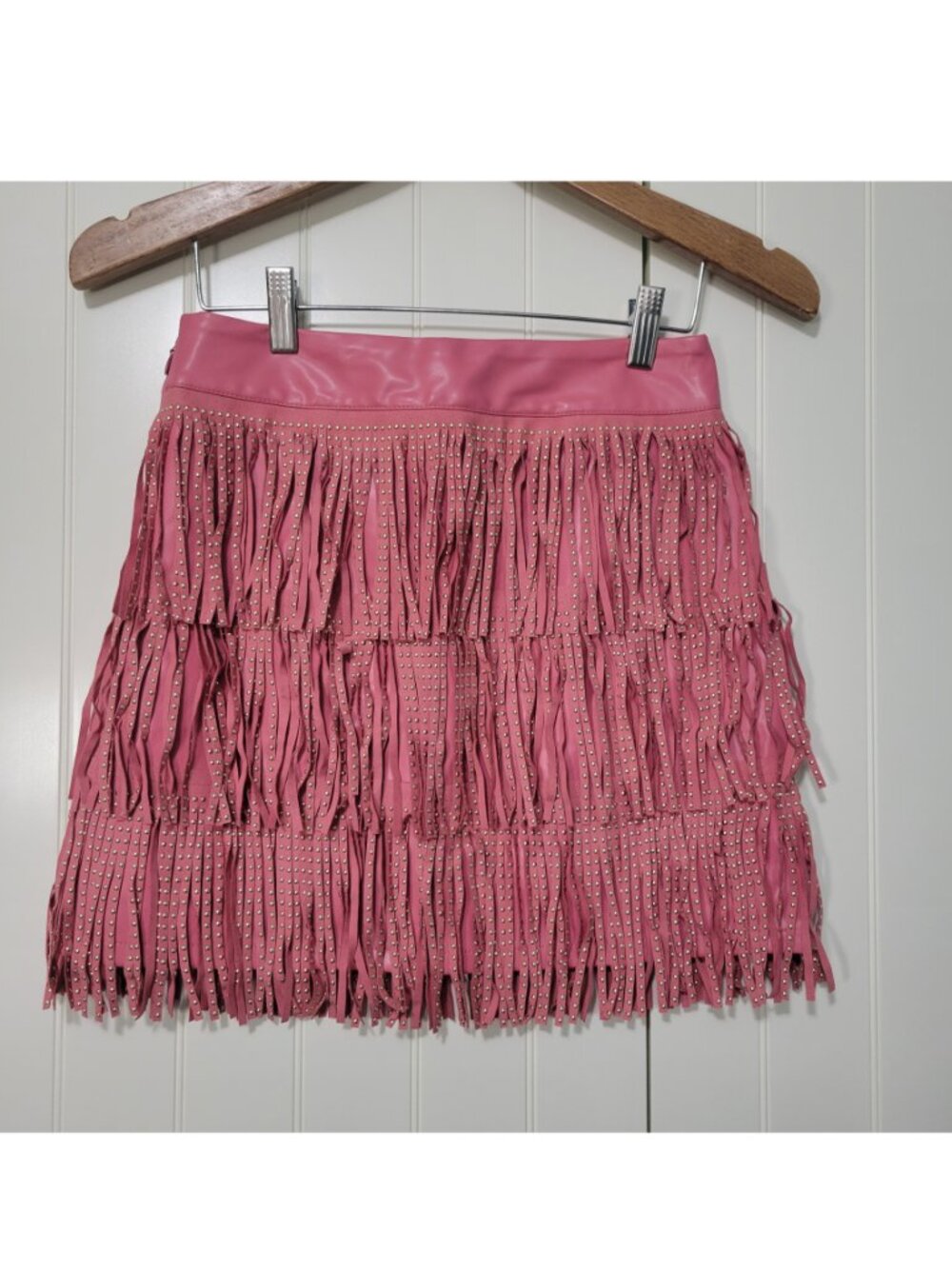Dolly Barbie Cowgirl Rodeo Pink Faux Leather Studded Fringe Tiered Mini Skirt S - Picture 11 of 11